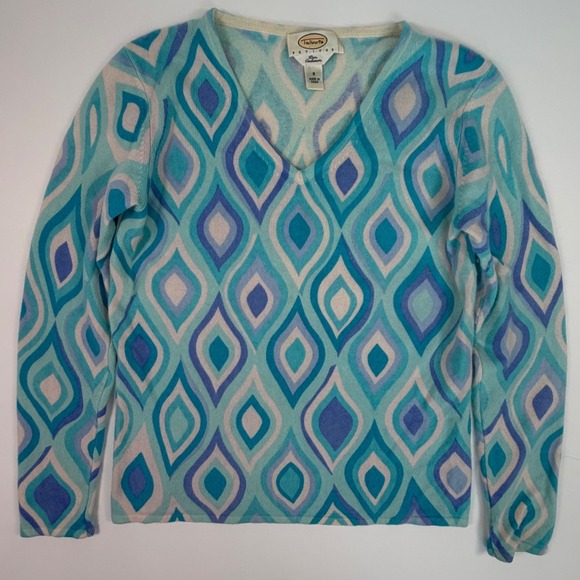 Talbots Sweaters - Talbots Pure Cashmere V-Neck Sweater Blue Geometric Teardrop Print Y2K Petites S